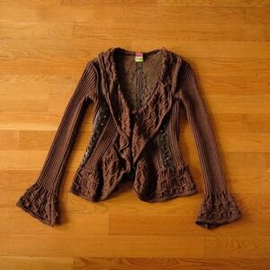 Save The Queen Y2K Knit Cardigan Leather Panel Studded Brown Boho Fairy Grunge S